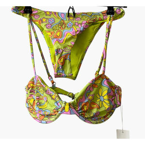 New Sunday Brunch Bikini Hippie 70's Print, Size Small. Vibrant Retro